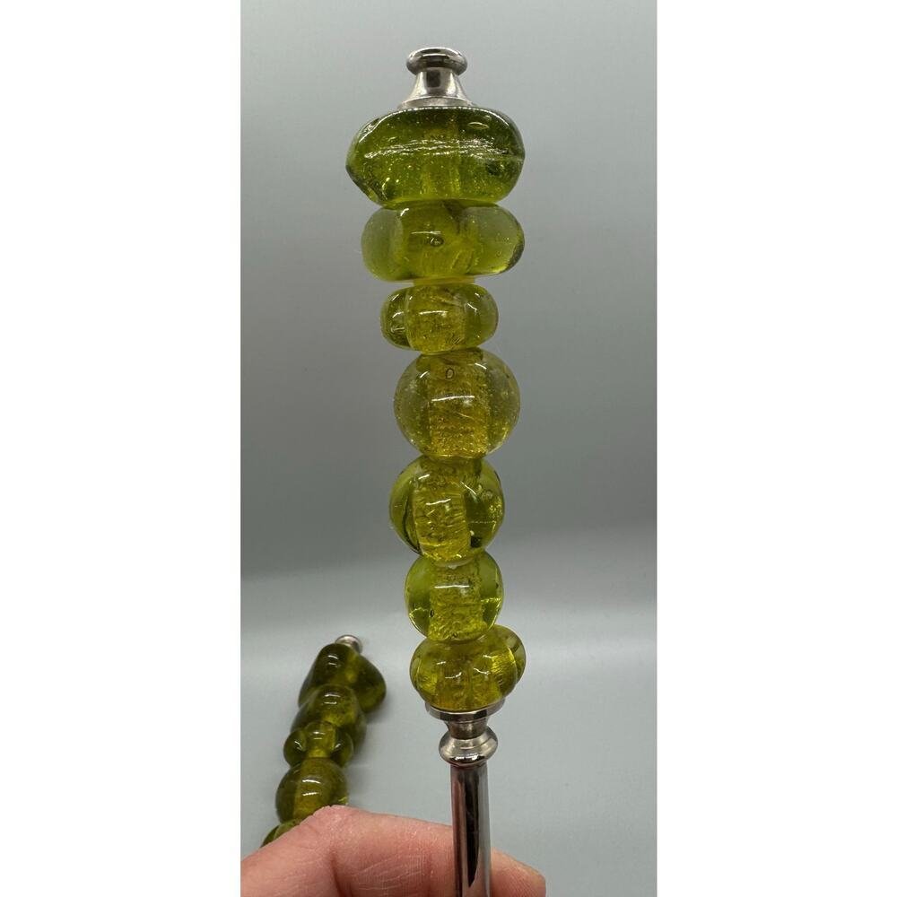Serving Spoon And Fork Green Amber Color Glass Beaded Handle Set Of 2 Polished - Picture 5 of 7